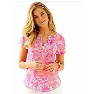 Lilly Pulitzer Sz XS Duval Top Linen Pink Cheeky Melon Rule Breakers NWT…